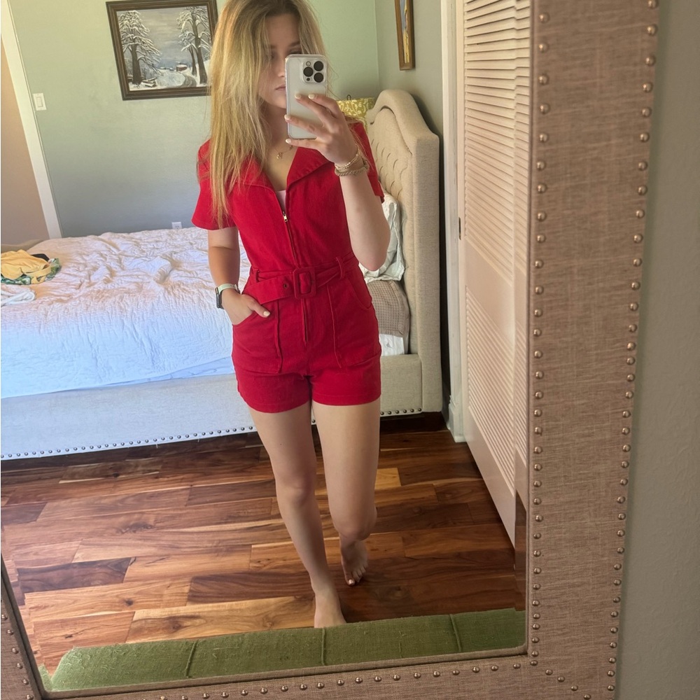 Red denim romper